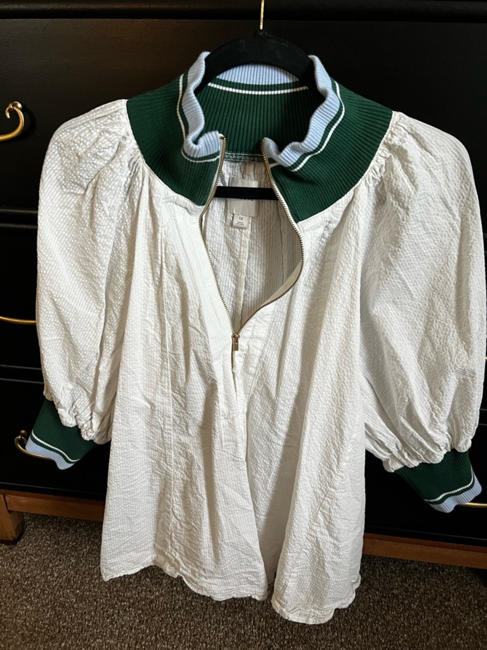 Maeve White Puff Sleeve Blouse with Green Ribbed Collar